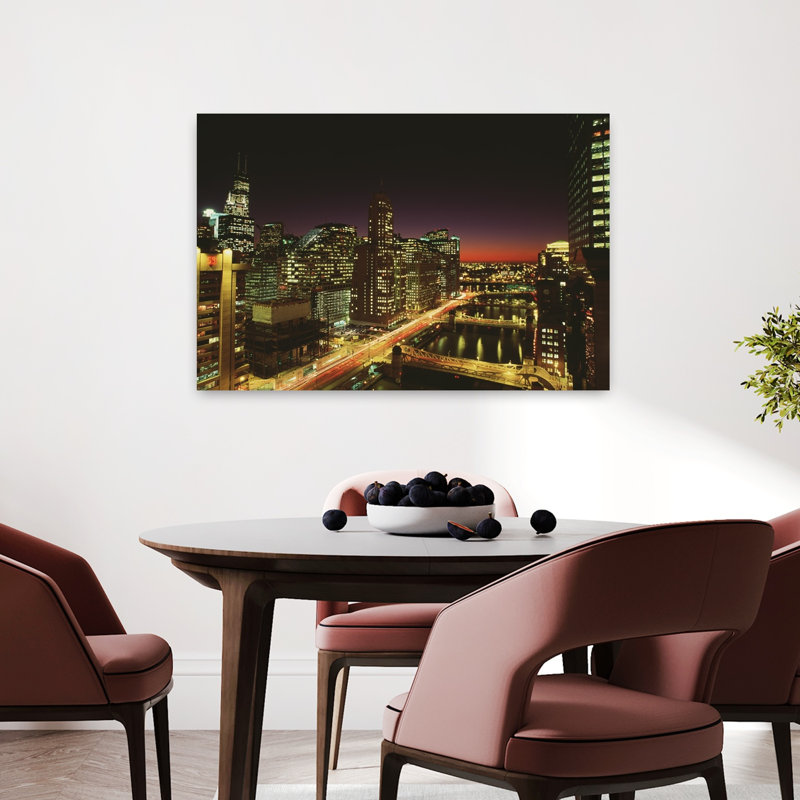 ChicagoSkyline and River at dusk Chicago IL 1 Piece Wrapped Canvas Wall Art, 60.96 cm H x 91.44 cm W