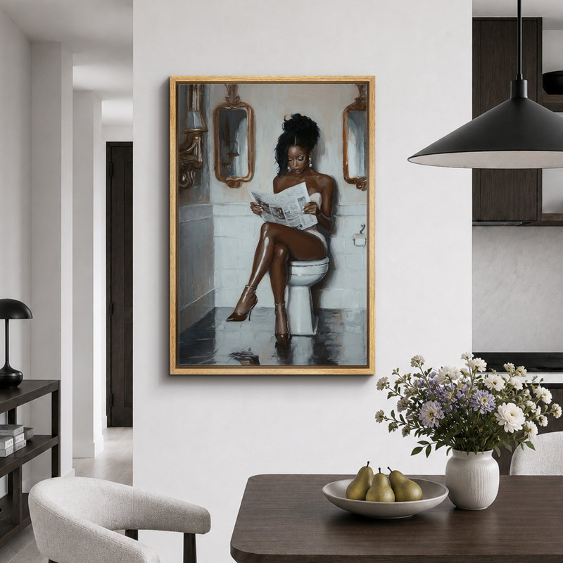 Élégance «Femme glamour lisant un journal, œuvre d'art chic, salle de bain / meuble-lavabo / salle d'eau, peintures murales, impression sur toile numérique encadrée»