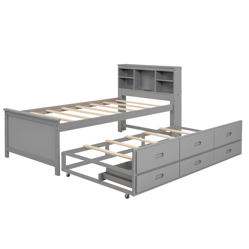 Lit plateforme simple avec tête de lit avec rangement, USB, cadre de lit en bois avec lit gigogne simple et 3 tiroirs, pour enfants, adolescents, garçons, sans sommier, facile à assembler, gris