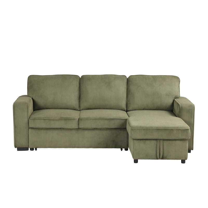 Maslynn 3-Piece Reversible Corduroy Pull-Out Sleeper Sectional with Storage, Green Corduroy