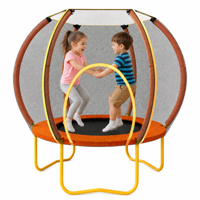 Trampoline pour enfants avec filet de sécurité, trampoline d'intérieur et d'extérieur pour tout-petits, avec porte zippée et cadre rembourré, orange et marron