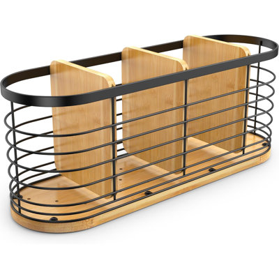 Round-Cornered Kitchen Utensil Holder With Bamboo Base, 4 Compartments Countertop Organizer For Cooking Tools And Gadgets
