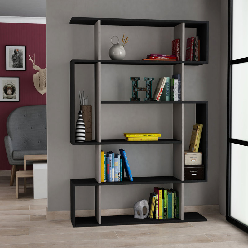 Modern Bookshelf, Anthracite & Light Brown, 43.3 x 63.4 x 10.0 inches | 100% Melamine Coated Particle Board, Thickness: 0.7 inches | Numerous Shelves, Wall-Mountable, 55.1 lbs Load Capacity, Stylish & Functional Design