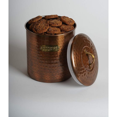 Pot en acier inoxydable | Finition cuivre antique martelé | Mignon contenant, support de rangement décoratif pour aliments pour biscuits, biscuits et gâteries de cuisine, avec couvercle en caoutchouc | 4 pte