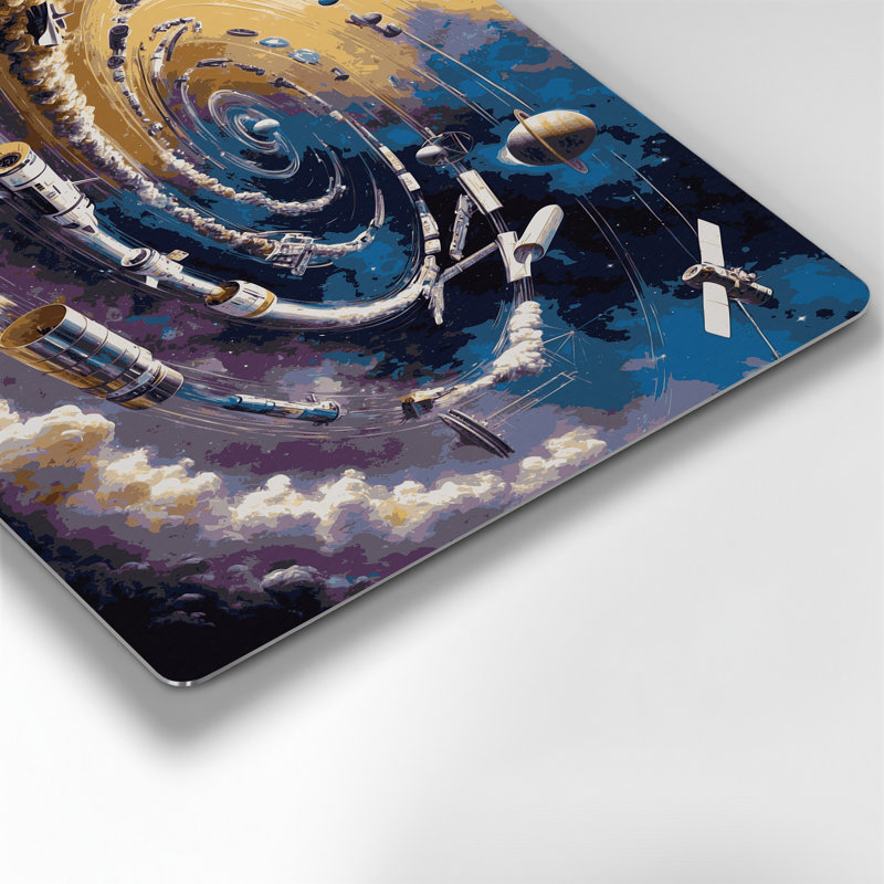 Space Timeline of Space Exploration, art mural en métal gris, H 132 po x l 168 po x P 0,05 po