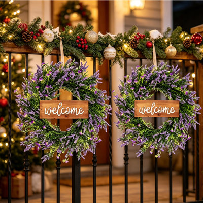 2 Pack Blossom Welcome Wreaths,Artificial Flower Wreaths with Rustic Wood Signs, Weatherproof for Year-Round Home, Porch, and Entryway Decor,Indoor/Outdoor Spring Summer Farmhouse Decor
