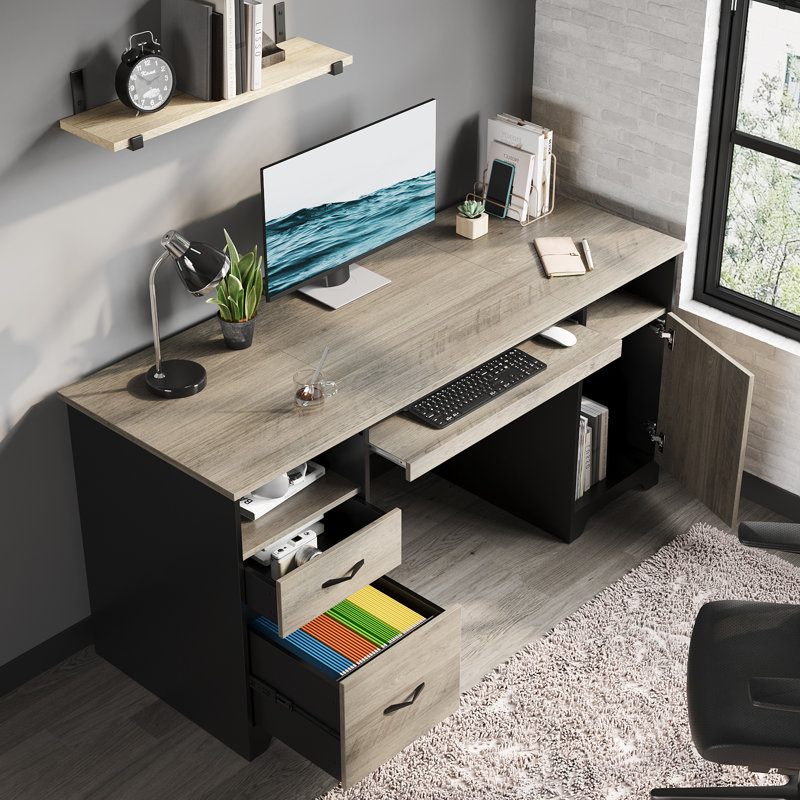Daylie 59" W Manufactured Wood Executive Desk with Keyboard Tray, Gray Wash/Black