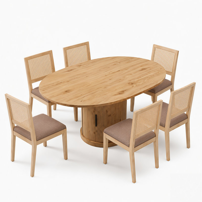 Ensemble de table et de chaises de salle à manger extensibles, de style moderne et organique, avec rangement et chaises en rotin massif.