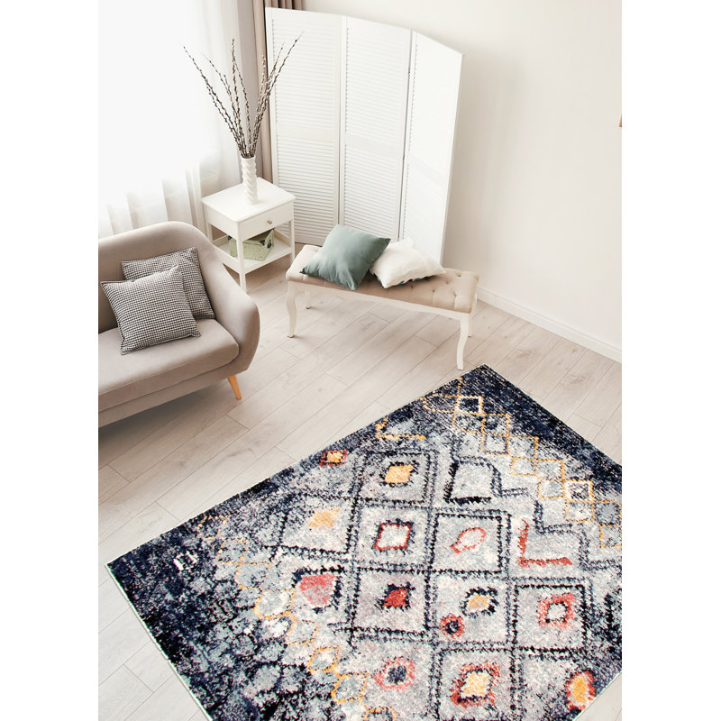 Tapis géométrique bleu / ivoire / rouge Stigall, Rectangle 6 pi 7 po x 9 pi 6 po