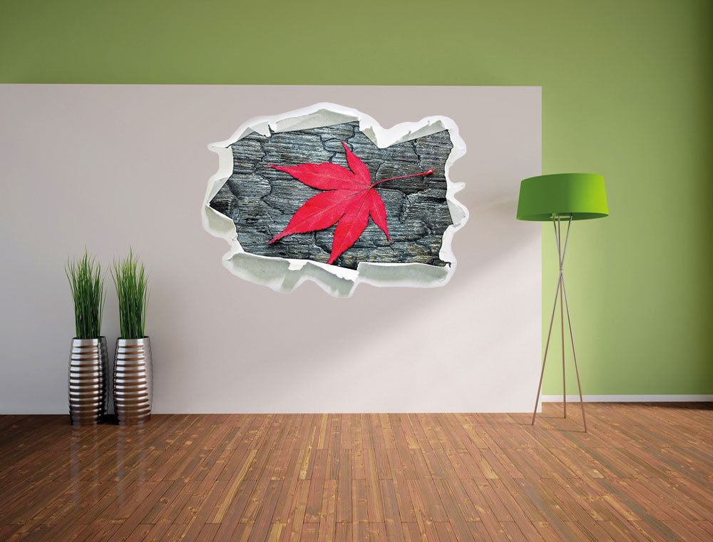 Wandtattoo Rotes Blatt auf Holz Laub Natur