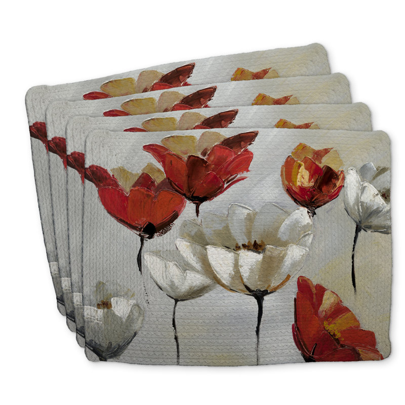 Ensemble de 4 napperons en polyester tressé - Fleurs abstraites rouges et blanches