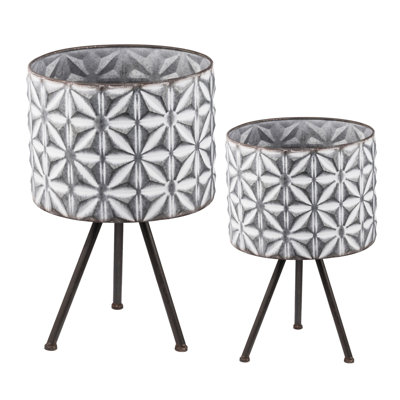 Set Of 2 Metal Planter Stand,Round Galvanized Grey Farmhouse Planter