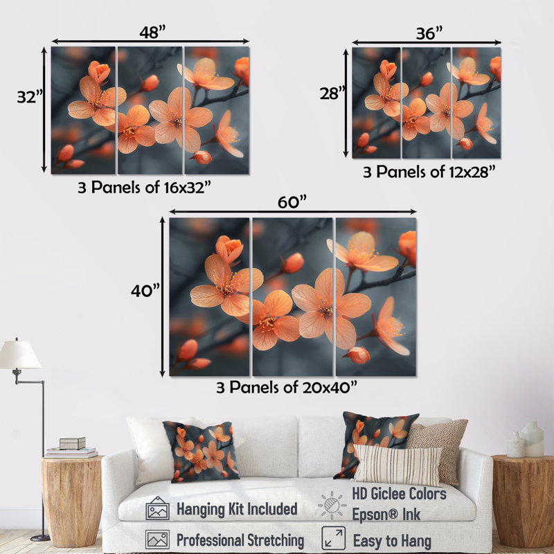 Photo de fleur de cerisier orange pastel - ensemble d'art mural fleur de cerisier, H 28 po x l 36 po x P 1 po, Toile tendue