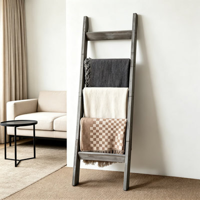 Rustic Wood Blanket Ladder, Angled Rung Display Rack for Quilts and Towels, Leaning Storage Organizer for Bathroom and Living Room, Farmhouse Decor, KD Side Rails