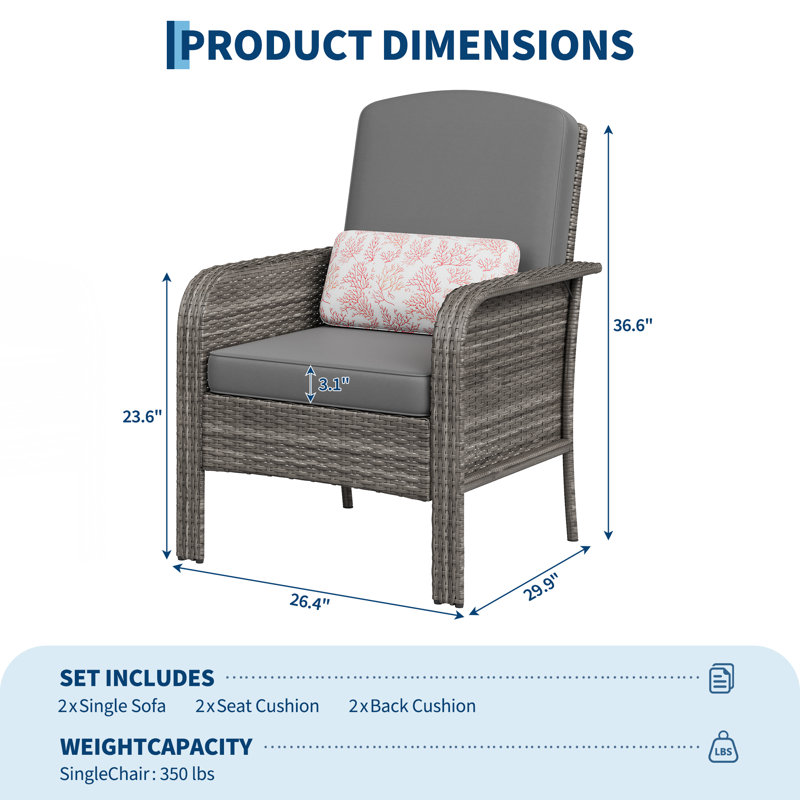 2-Piece Outdoor Patio Furniture Set, All-Weather Rattan Chairs with Thick Cushions, High Back Wicker Lounge Chairs for Porch, Deck, Garden, Poolside & Backyard (Gray)