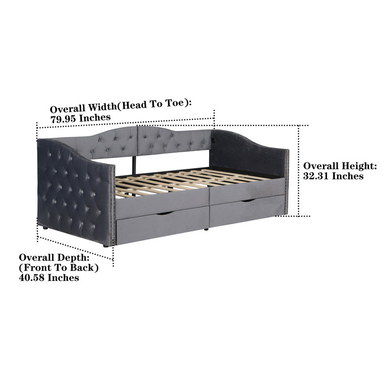 Modern Velvet Upholstered Twin Size Daybed with Storage Drawers and Charging Station, Gray