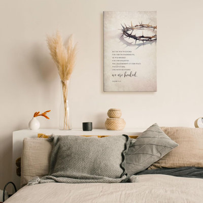 Christian Easter Jesus Crown Of Thorns Wall Art Decor 16X24, Religious Bible Verse By His Wounds We Are Healed Canvas Wall Art Print For Bedroom Living Room, Vintage Isaiah Wall Artwork Picture