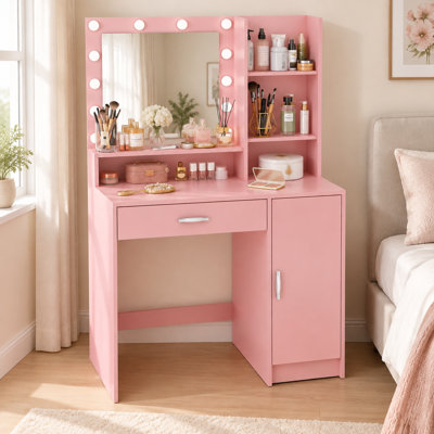 Coiffeuse avec miroir et éclairage, grande commode à trois niveaux de rangement