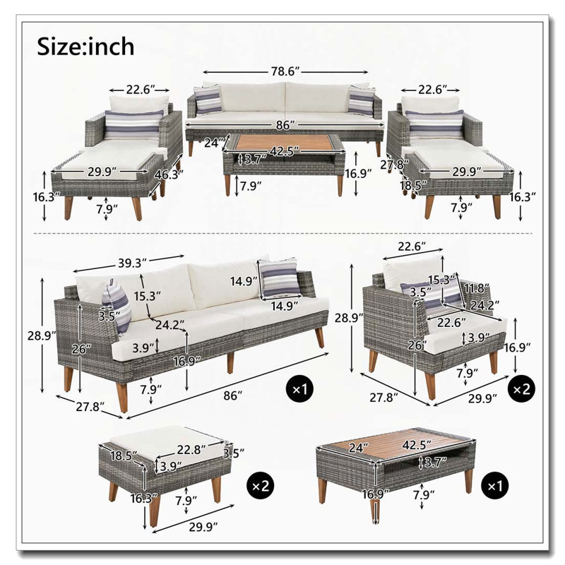Ensemble de canapé en osier 6 pièces 6 pièces avec coussins doubles et housse de table, Beige, Gris