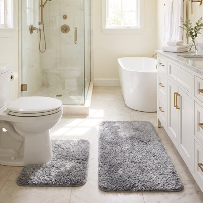Ensemble de tapis de bain et de toilette Rug Branch Shaggy, 2 pièces, gris, doux, absorbant, dos antidérapant, lavable à la machine, tapis de bain et tapis de toilette contour, 100 x 58 cm + 51 x 58 cm