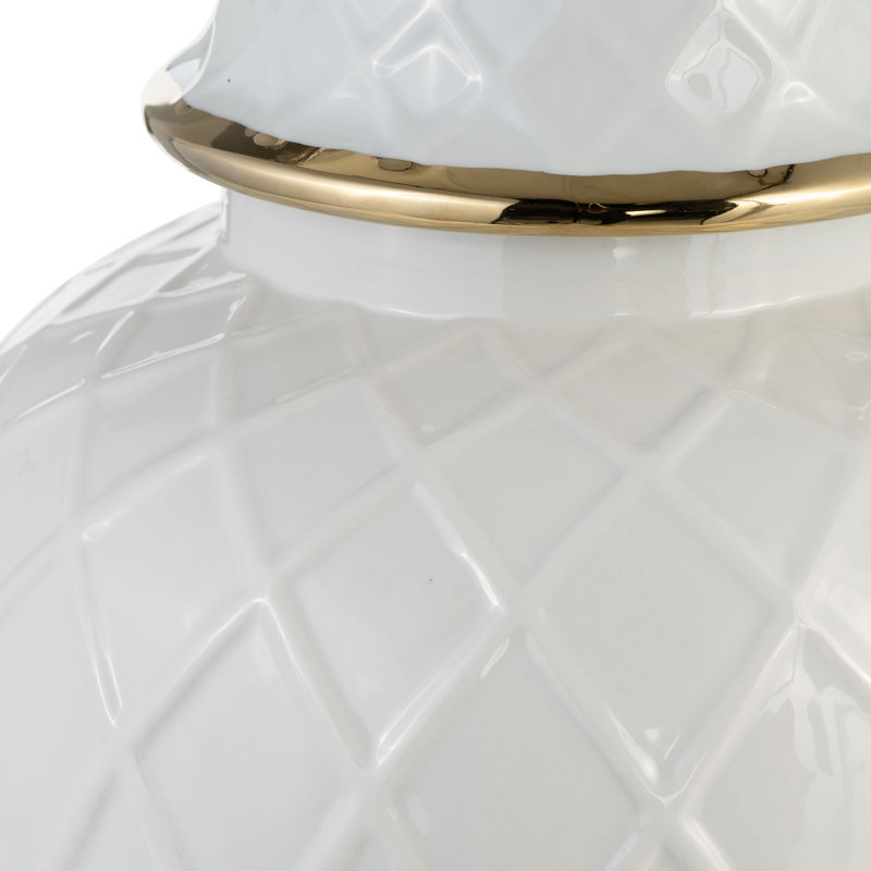 Pot décoratif en céramique avec couvercle texturé et détails élégants Ellport, H 20 po x l 11 po x P 11 po, Blanc / Doré