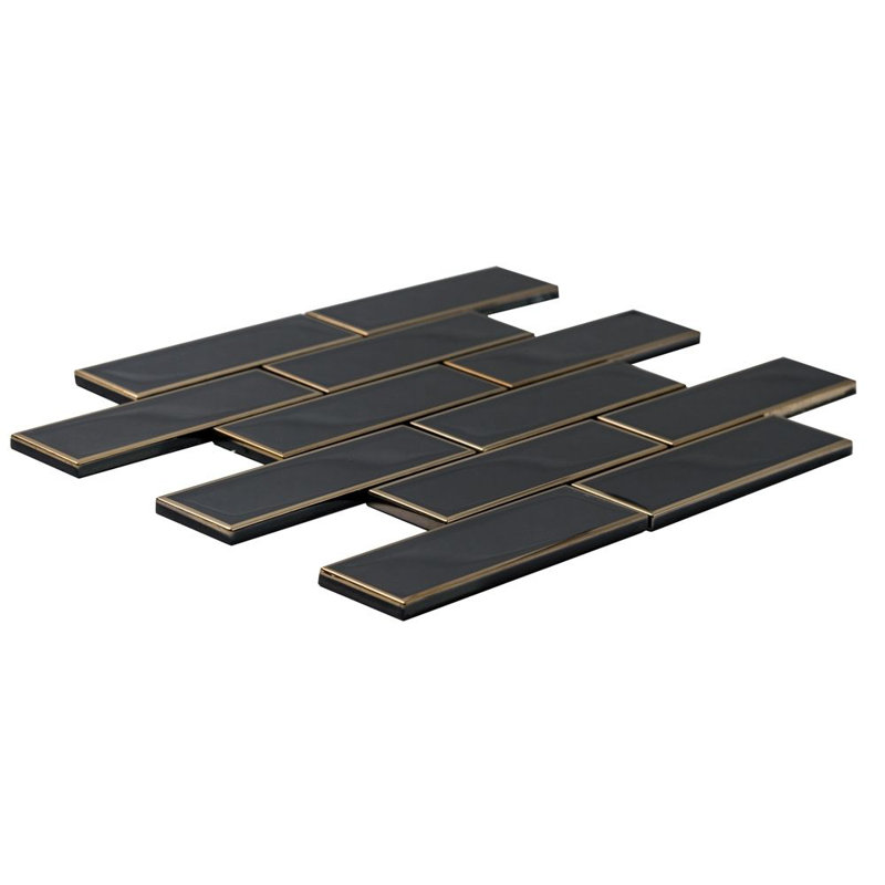 Athena Black 2" x 6" Matte Glass Brick Mosaic Wall Tile, Gold