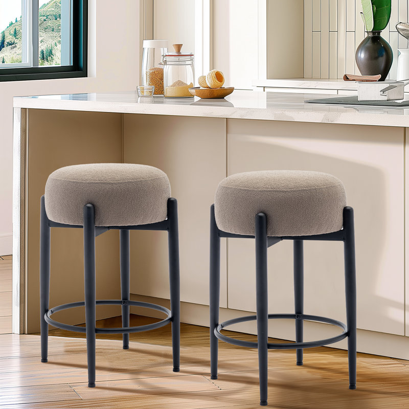 24" Modern Upholstered Bar Stool, Round Counter Height Stool with Black Metal Frame & Footrest, Soft Lambswool-Inspired Seat for Kitchen Island