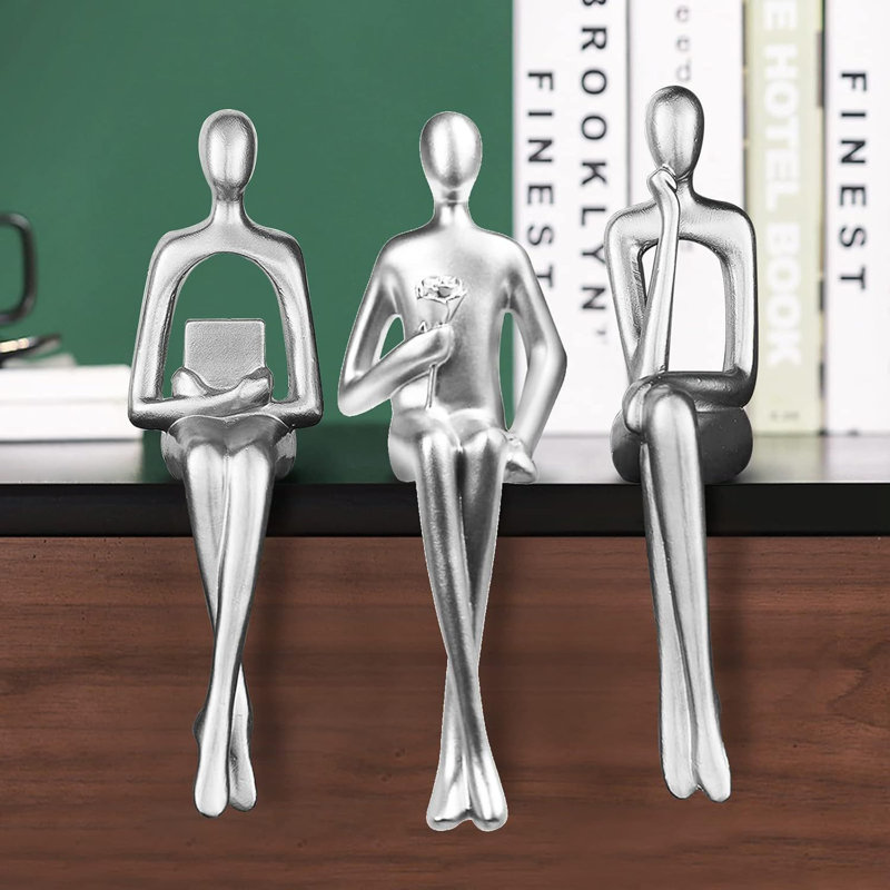 3 - Piece Set of Abstract Thinker Statues, Silver