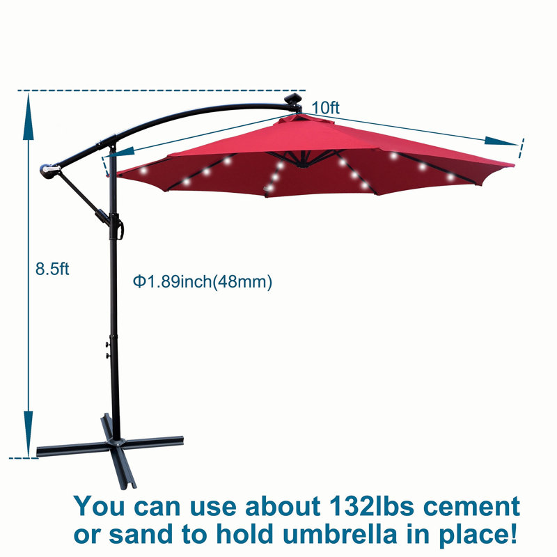 Parasol de patio à énergie solaire 10 pi 8 lumières à DEL avec manivelle et base transversale pour jardin 10 pieds