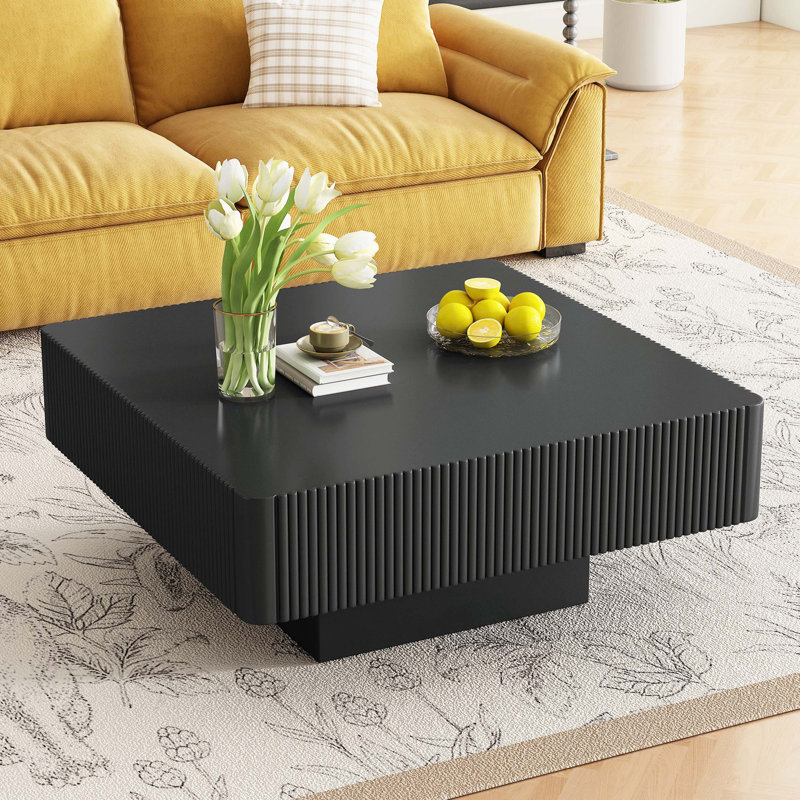 Square Fluted Coffee Table, Modern Drum Style with Thick Tabletop & Stable Base