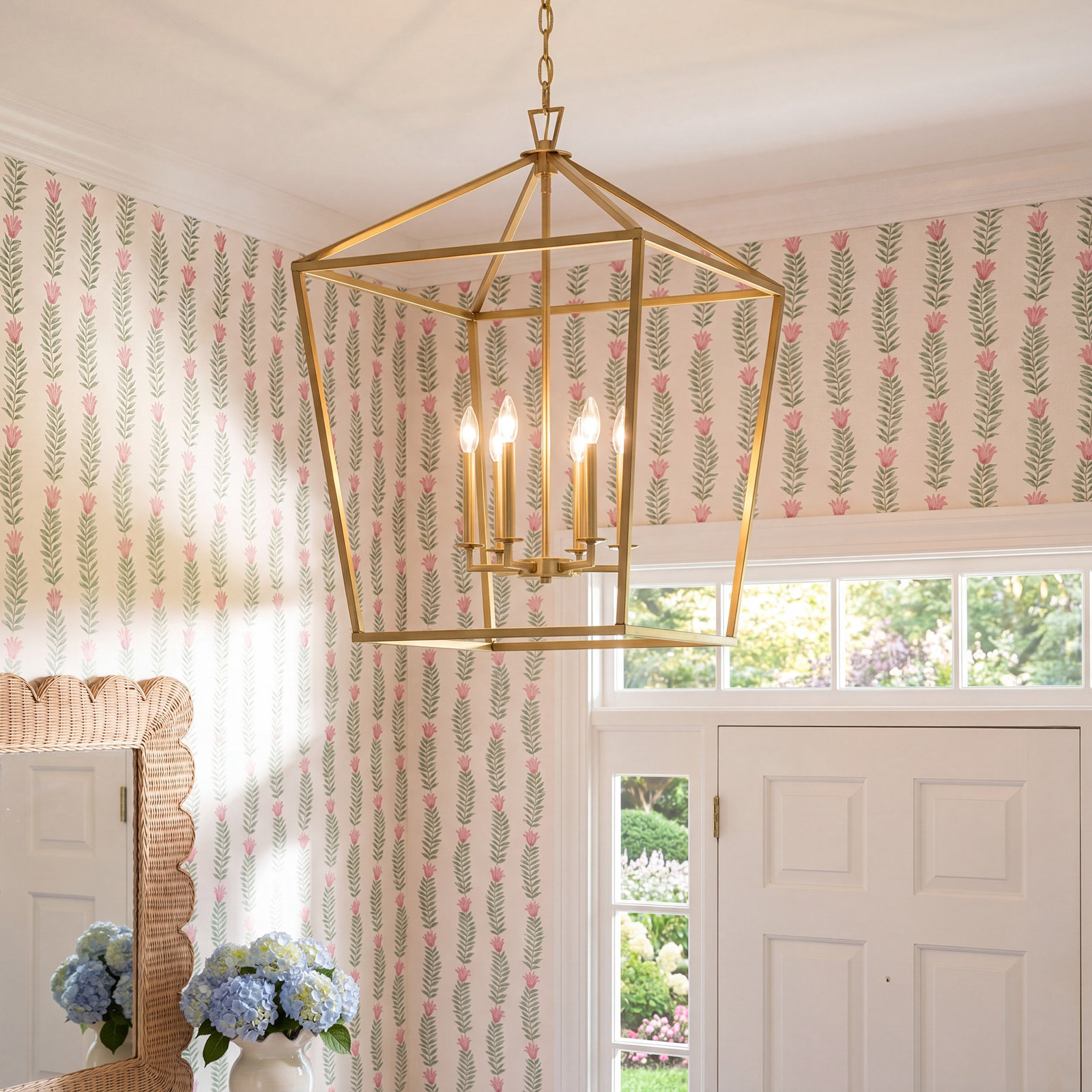 Hastings 6 - Light Lantern Geometric Chandelier, Warm Brass