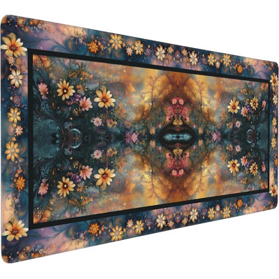 Floral Aesthetic Daisy Gaming Mouse Pad, Gold Blue Rug Desk Mat with Anti-Slip Base & Stitched Edges,35.4" x 15.7" in Table Mat for Computer Desktop, Beautiful Workstation Decor