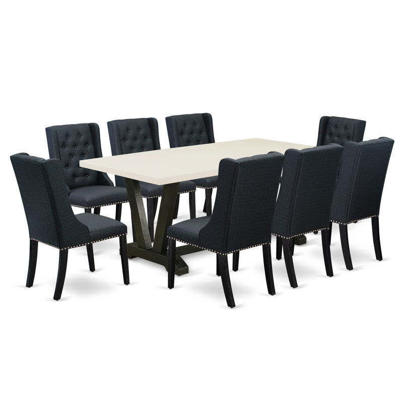 9 Piece Dining Set - 8 Black Linen Fabric Padded Chair Button Tufted with nail heads and Linen White Kitchen Table - Wire Brush Black Finish