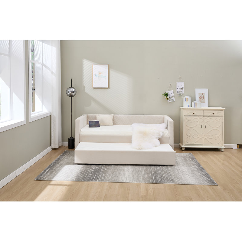 Velvet Daybed, Sturdy Wooden Bed Frame, Modern Diamond Grid Pull-Out Design, Beige