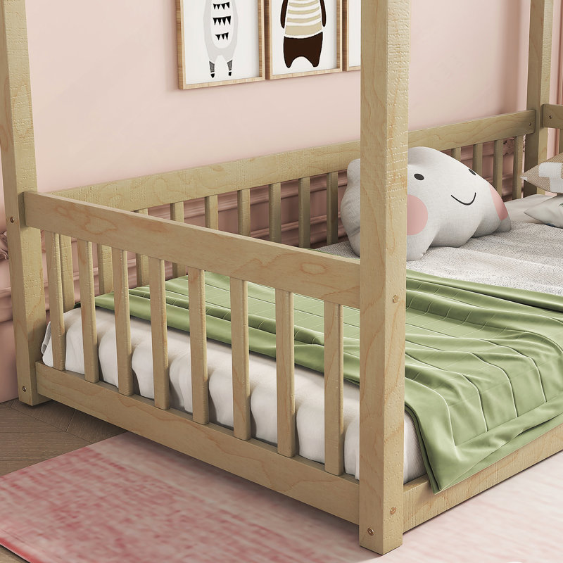 Canopy Frame Floor Bed with Fence, Natural, Twin