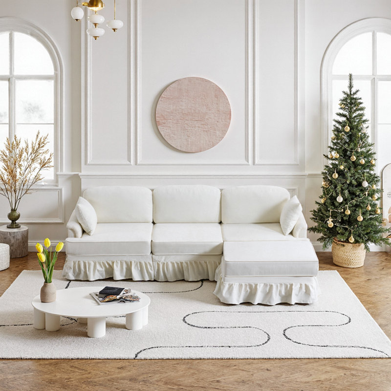 Canapé modulaire moderne en L à 4 places avec jupe amovible, assise profonde et coussins ajustables, White