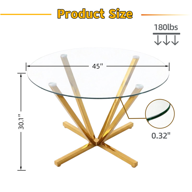 45.3" Round Tempered Glass Dining Table with Radial Metal Base, Gold, Gold