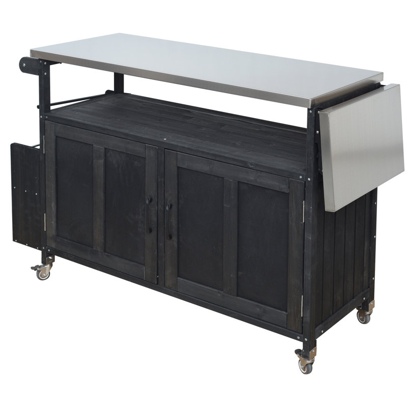 Îlot de cuisine pliable pour l'extérieur avec chariot verrouillable, Noir
