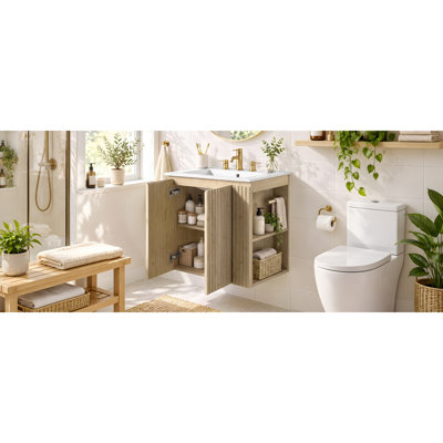 [Vidéo] Meuble-lavabo mural de 24 pouces avec lavabo en céramique, armoire à 2 portes, tablette réglable en forme de U, charnières à fermeture en douceur, poignées cachées et rangement latéral ouvert