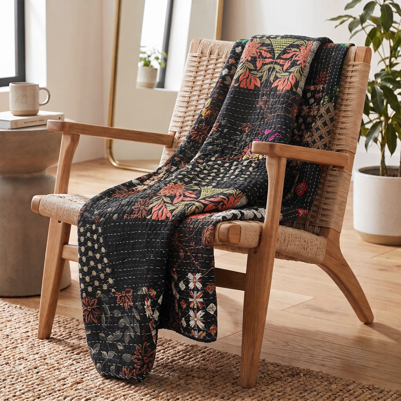 Jeté en coton Advika fait à la main Kantha, Noir