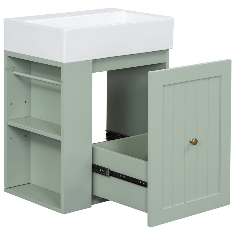 Meuble-lavabo de 20 po avec lavabo en céramique, tiroirs et tablette latérale, Vert