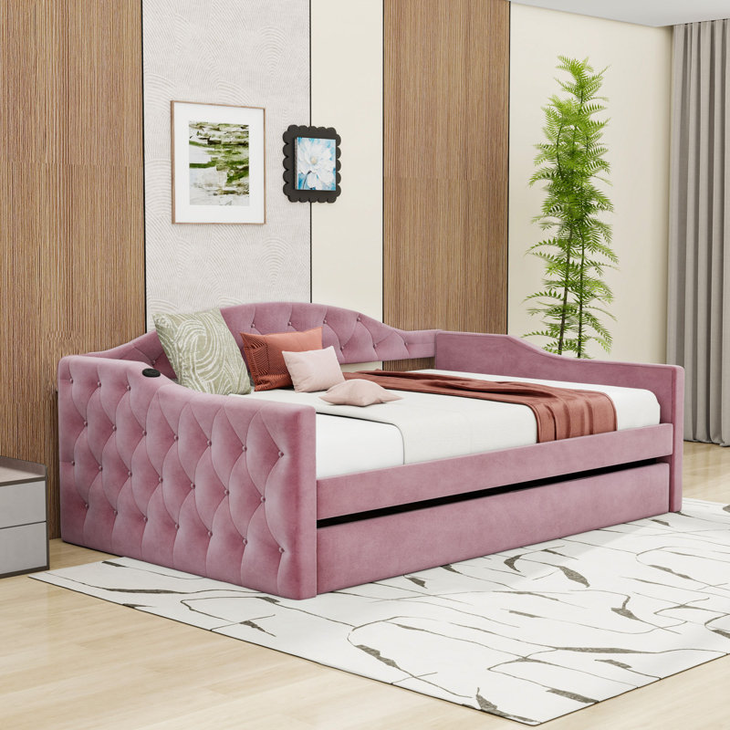 Twin Upholstered Daybed with Twin Trundle and USB Ports, Pink