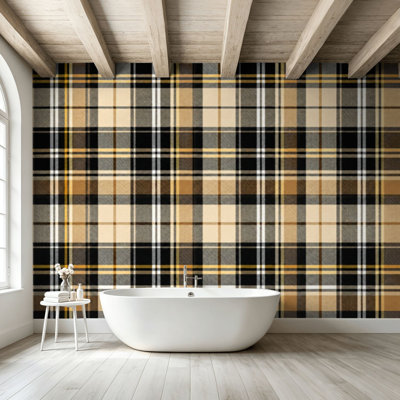 Peel and Stick Wallpaper Wall Mural Tartan plaid gold brown beige black Modern herringbone Wall Art Self Adhesive and Removable