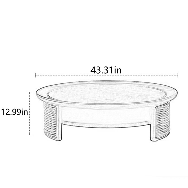 Table à thé créative en rotin de bois massif, Noyer clair, H 12,99 po x L 43,31 po x l 43,31 po