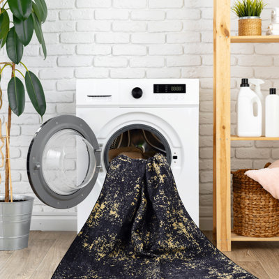 Tapis de salon 5 x 8 - Lavable, antidérapant, antidérapant, à poils courts, pliable et pour animaux de compagnie, doux, noir et or pour la chambre à coucher, la cuisine, la salle à manger, le tapis antitaches, l'or, le nautique
