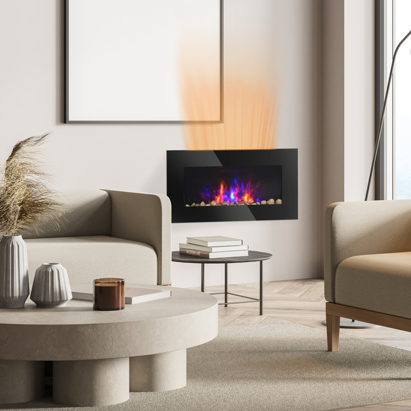 28.5" Black Electric Fireplace For Wall, 1500W, Flame Effect, 7 Color Fireplace, Black, Background , Wall Mounted, Rustic Charm
