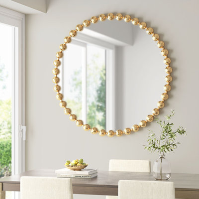 Grand miroir rond perlé de 36 po de diamètre, doré antique, cadre et support en fer métallique, cintre en forme de trou de serrure, miroir ornemental d'intérieur de 36 po de diamètre, finition, fabrication, verre à miroir à dos, accessoire de décoration