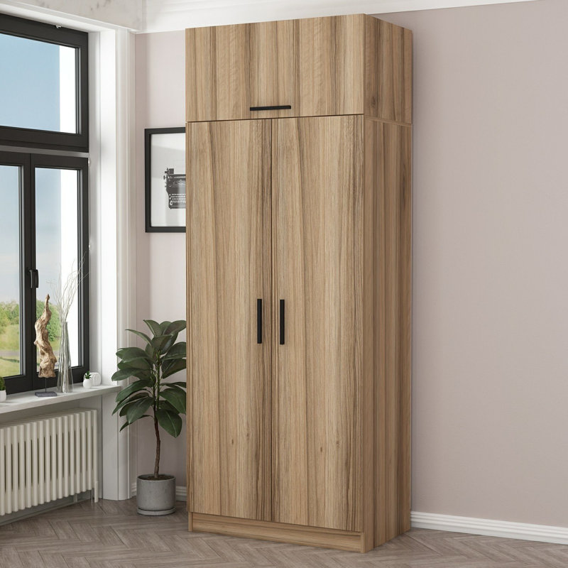 Modern Wardrobe, Oak Color, 35.4 x 92.5 x 20.5 inches | 100% Melamine Coated Particle Board, Thickness: 0.7 inches | 5 kg Shelf Capacity, Sleek Design for Stylish Storage Solutions in Any Bedroom