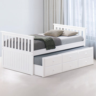 Lit capitaine blanc de style transitionnel avec lit gigogne et 3 tiroirs, bois d'ingénierie en bois franc massif et joint, base à lattes, style d'entretien de la chambre à coucher, finition, bois franc, rehaussement