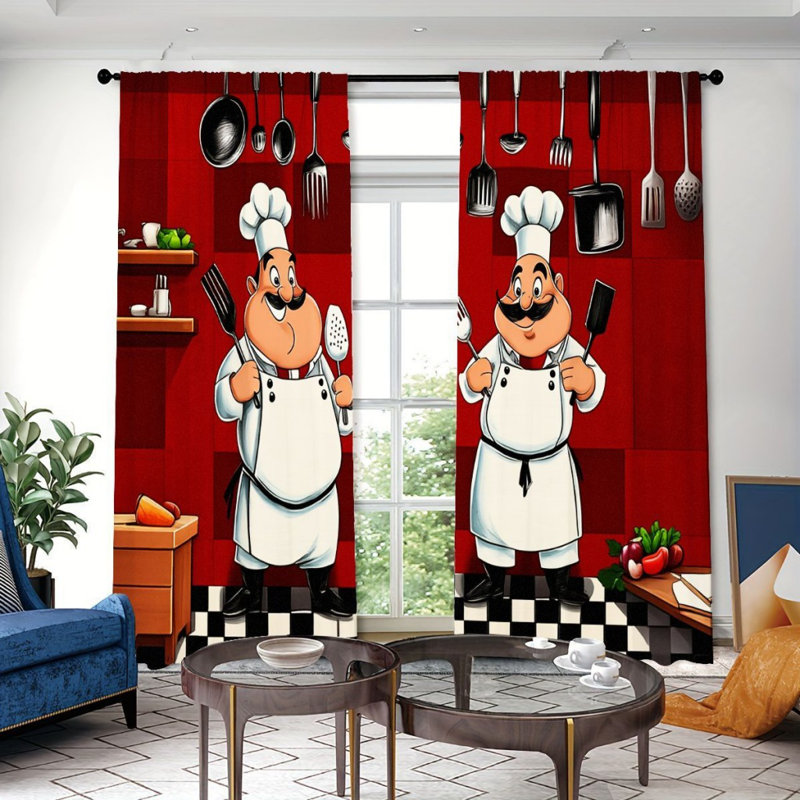Rideau filtrant la lumière avec motif d'ustensiles de cuisine 2PCS, L 30 po x H 66 po x 2 pièces